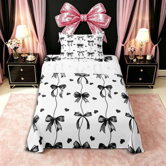 Erosebridal Teens Cute Love Heart Bowtie Twin Sheet Sets 3pcs,Girls Kids Black Spiral Stripes Bedding,Luxury Bedroom Decor