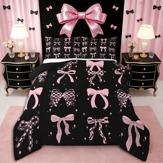 Erosebridal Teens Cute Pink Bow Queen Comforter Set 3pcs,Girls Kids Cartoon Stars Print Bow Knot Bedding Comforter Set,Black Reversible,Breathable Home Decor