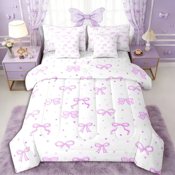 Erosebridal Teens Cute Purple Bow Bedding Comforter Set 7 Pieces,Girls Kids Cartoon Stars Print Bow Knot Full Bedding Set,Ultra Soft Home Decor