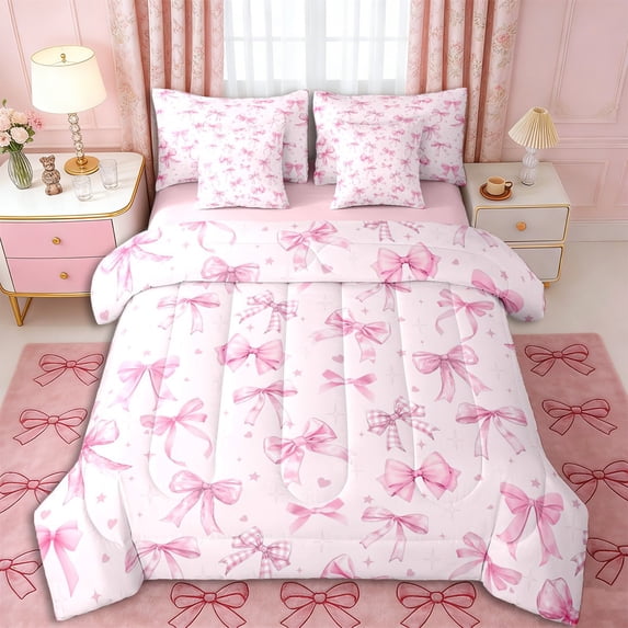 Erosebridal Teens Cute Ribbon Bow Bedding Comforter Set 7pcs,Girls Kids Dreamy Princess Bow Knot Queen Bedding Sets,Pink Reversible,Ultra Soft Home Decor