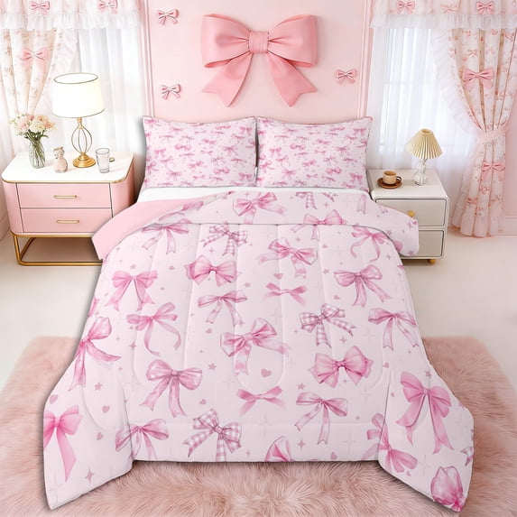 Erosebridal Teens Cute Ribbon Bow Queen Comforter Set 3pcs,Girls Kids Dreamy Princess Bow Knot Bedding Comforter Set,Pink Reversible,Ultra Soft Home Decor
