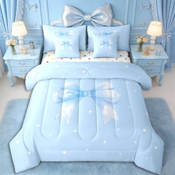 Erosebridal Teens Cute Watercolor Blue Bow Twin Bedding Sets 7-Piece,Girls Kids Cartoon Stars Print Bow Knot Bedding Comforter Set,Ultra Soft Home Decor