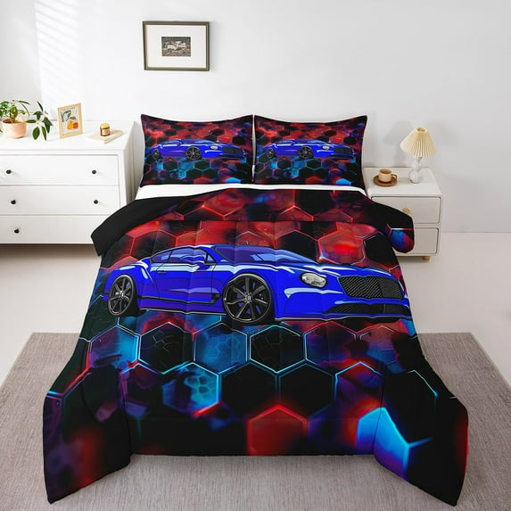 Erosebridal Teens Dirt Bike Bedding King Comforter Set,Red Blue Neon Hexagon Bedding Sets King with Comforter,Motorcyclist Room Decor,Reversible,Lightweight,3 Pieces
