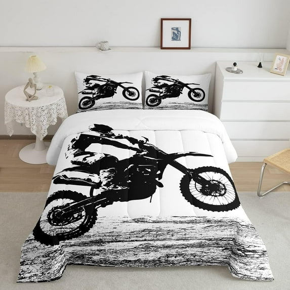 Erosebridal Teens Dirt Bike Comforter Set Queen Size, Motocross Rider Bedding Sets Adult Men, Motorbike Extreme Sport Bedding Comforters, Motorcycle Grunge Duvet Insert Bedroom Decor