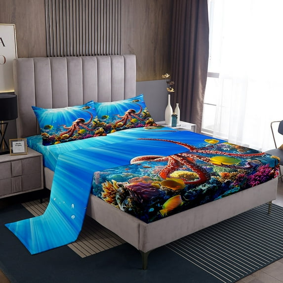 Erosebridal Sealife Octopus Sheet Set Twin,Marine Animal Bedding Sets Twin Size,Sea Room Decorative,Breathable,3pcs