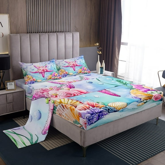 Erosebridal Teen Flower Starfish Sheet Set Twin,Cartoon Sealife Bedding Sets Twin Size,Marine Room Decorative,Breathable,3pcs