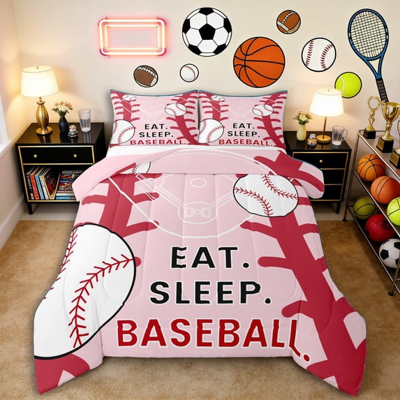 Erosebridal Teens Eat Sleep Baseball Full Size Comforter Sets 3 Pieces,Sport Gamer Bedding Sets for Kids Boys Girls,Pink Reversible,Ultra Soft Home Decor