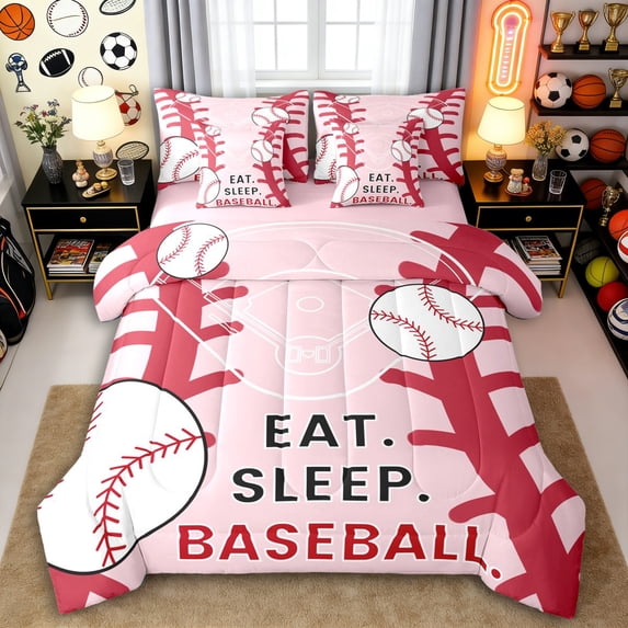 Erosebridal Teens Eat Sleep Baseball Twin Bedding Sets 7-Piece,Sport Gamer Bedding Comforter Set for Kids Boys Girls,Pink Reversible,Ultra Soft Home Decor