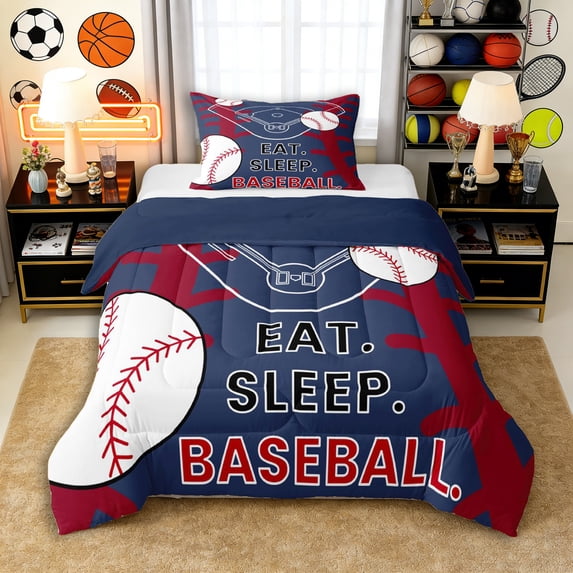 Erosebridal Teens Eat Sleep Baseball Twin Comforter Sets 3-Piece,Sport Gamer Bedding Set for Kids Boys,Navy Blue Reversible,Ultra Soft Home Decor