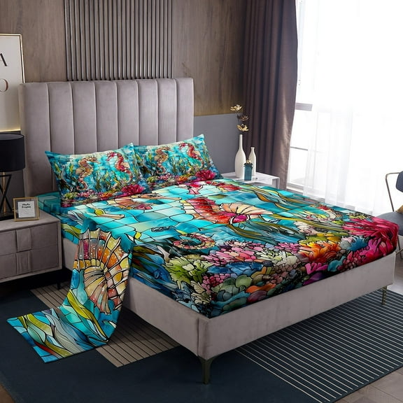 Erosebridal Teenager Seahorse Sheet Set Twin,Marine Animal Bedding Sets Twin Size,Ocean Theme Decor,Breathable,3pcs