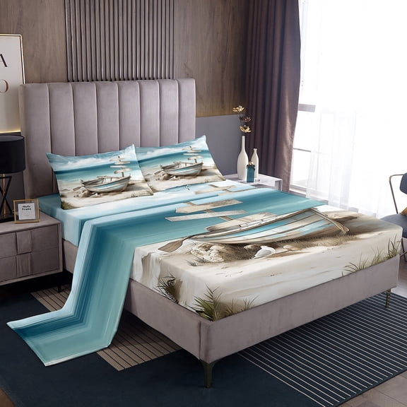 Erosebridal Ocean Beach Bed Sheets King,Marine Boat Bedding King Size,Teenager Bedroom Decor,Super Cozy,4pcs