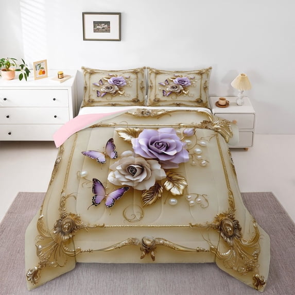 Erosebridal Teens Floral Rose Butterflies Full Size Comforter Sets 3 Pieces,Romantic Vintage Bedding Sets For Girls Boys,Gold Purple,Pink Reversible