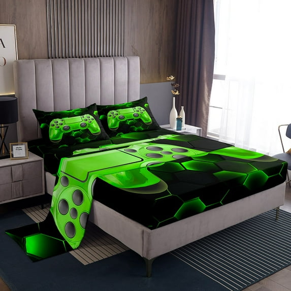 Erosebridal Teens Gamepad Bed Sheets Set Queen Size, Video Gaming Bed Sheets Queen, Neon Honeycomb Decor 4pcs