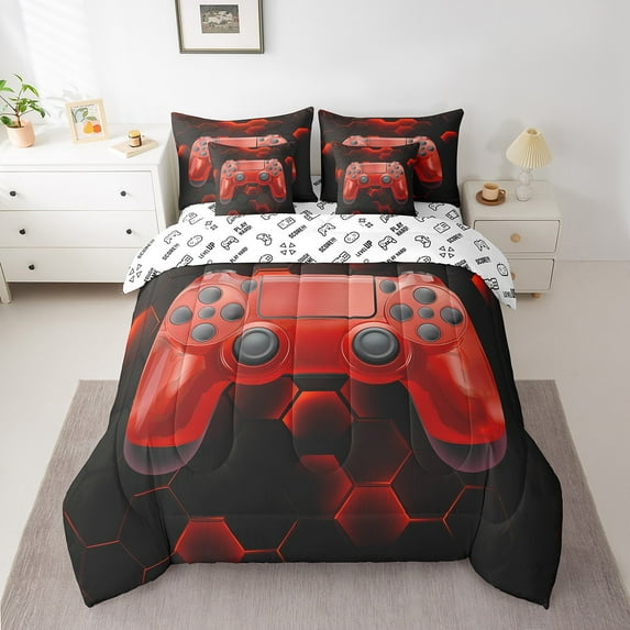 Erosebridal Teens Gamepad Bedding King Size, Video Gaming Bed in a Bag King size, Neon Honeycomb Decor, Reversible 7pcs