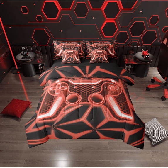 Erosebridal Teens Gamepads Bedding Sets Twin Size,Black Orangered Comforter Sets with Sheets,Video Game Bed in a Bag Twin size,Breathable Geometric Room Decor,Reversible,7pcs