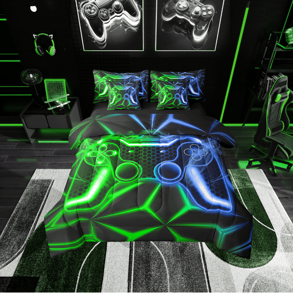 Erosebridal Teens Gamepads Bedding Sets Twin Size,Green Blue Comforter Sets with Sheets,Video Game Bed in a Bag Twin size,Breathable Geometric Room Decor,Reversible,7pcs