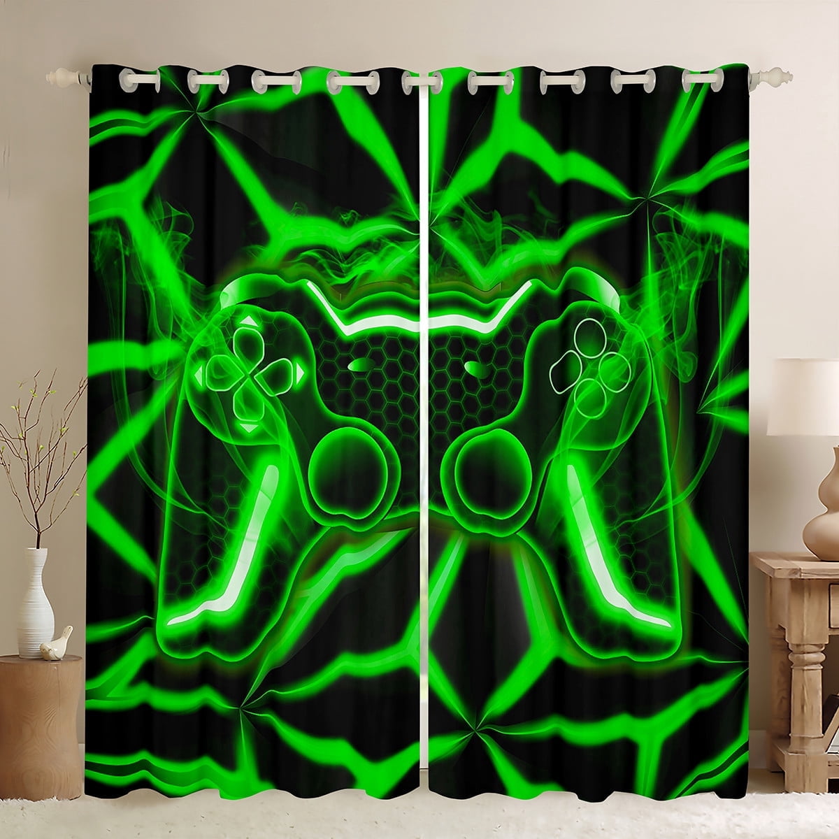 Erosebridal Teens Gamepads Curtains and Drapes (38Wx54L),Black Green 30%-50% Blackout Curtains for Bedroom,Video Game Curtains Pack of 2 (38Wx54L),Geometric Room Decor