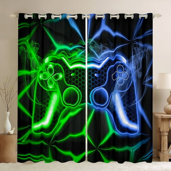 Erosebridal Teens Gamepads Curtains for Living Room,Green Blue 30%-50% Blackout Curtains Set of 2 (38Wx45L),Video Game Curtains and Drapes (38Wx45L),Geometric Room Decor
