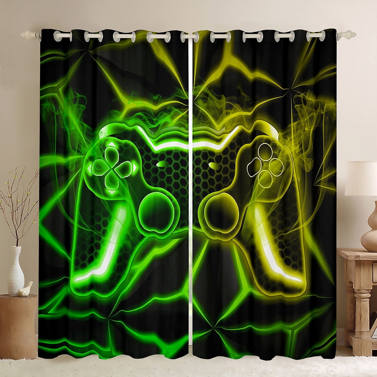 Gamer Blackout Curtains For Boys & Girls - Video Game Controller Design, 2 Panels (42x90 Inches), White & Black
