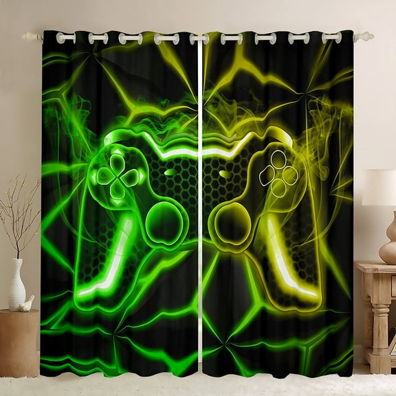 Erosebridal Teens Gamepads Curtains for Living Room,Green Yellow 30%-50% Blackout Curtains Set of 2 (38Wx45L),Video Game Curtains and Drapes (38Wx45L),Geometric Room Decor