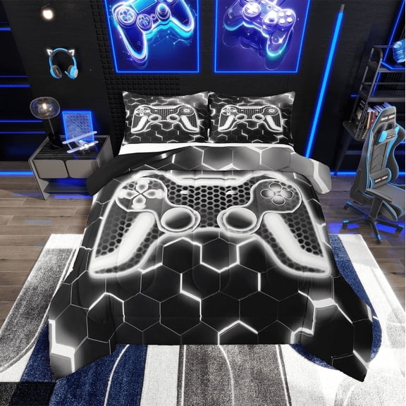 Erosebridal Teens Gamer Bedding Twin Comforter Set,Geometric Honeycomb Down Comforter,Hexagon Room Decorative,Reversible,Lightweight,2-Piece
