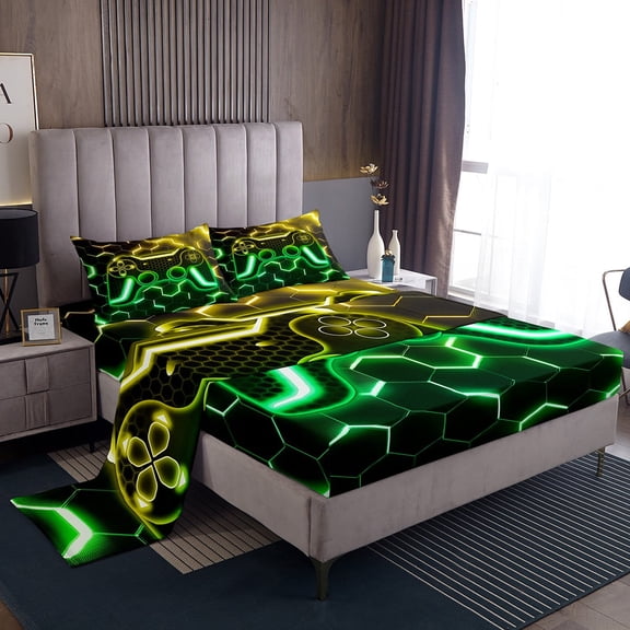 Erosebridal Teens Gamer Sheet Set Twin,Geometric Honeycomb Bedding Sets Twin Size,Hexagon Room Decorative,Breathable,3pcs