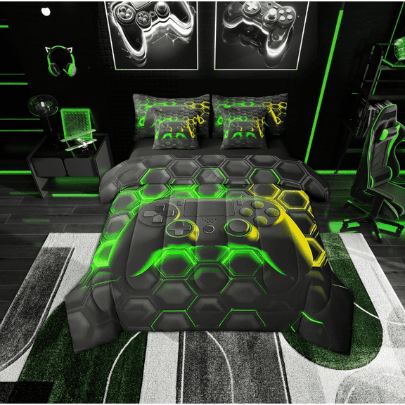Erosebridal Teens Gaming Bed in a Bag Twin size, Green Honeycomb Bed Set, Geometric Reversible Bedding Twin Size, Ultra Soft Bedroom Decoration, 7 Pieces