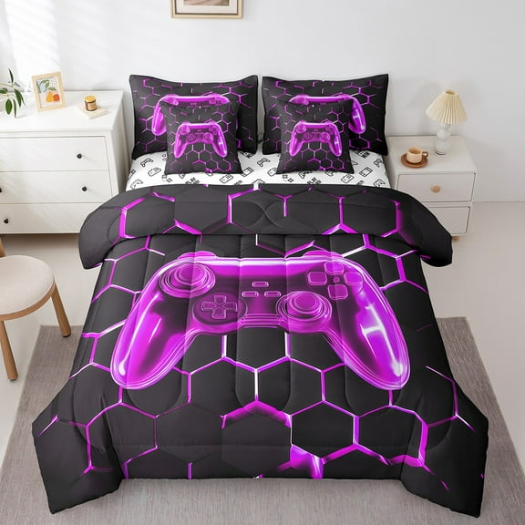 Erosebridal Teens Gaming Bed in a Bag Twin size, Purple Gamepad Bed Set, Chic Honeycomb Decor, Reversible 7pcs