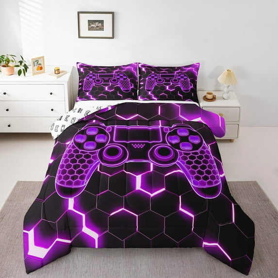 Erosebridal Teens Gaming Bedding Sets with Comforter, Purple Geometric Duvet Insert, Honeycomb Bedroom Decor, Super Cozy