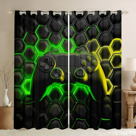 Erosebridal Teens Gaming Curtains and Drapes (38x45), Green Honeycomb 30%-50% Blackout Curtains for Bedroom, Geometric Curtains for Living Room, Window Curtains Bedroom Decoration