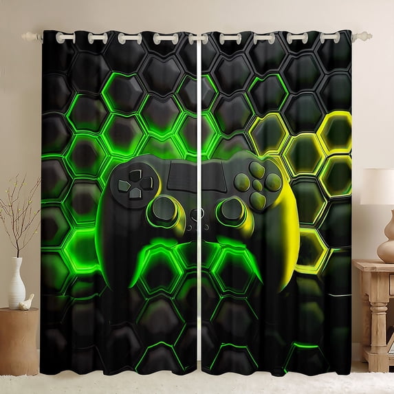 Erosebridal Teens Gaming Curtains and Drapes (38x45), Green Honeycomb 30%-50% Blackout Curtains for Bedroom, Geometric Curtains for Living Room, Window Curtains Bedroom Decoration