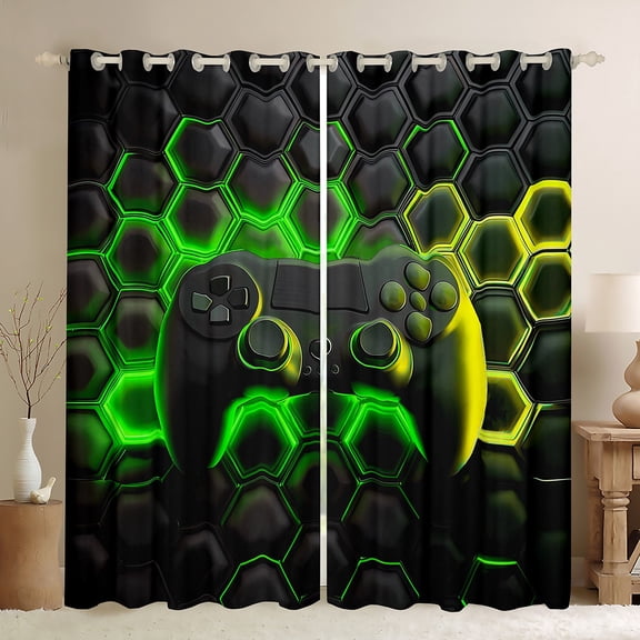 Erosebridal Teens Gaming Curtains and Drapes (38x45), Green Honeycomb 30%-50% Blackout Curtains for Bedroom, Geometric Curtains for Living Room, Window Curtains Bedroom Decoration
