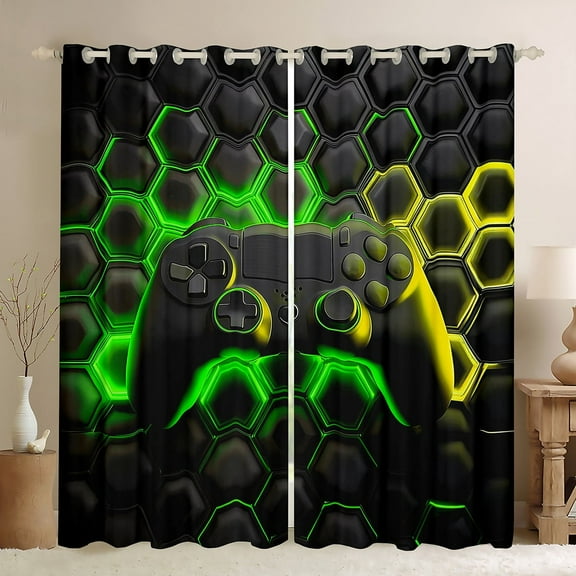 Erosebridal Teens Gaming Curtains for Living Room, Green Honeycomb 30%-50% Blackout Curtains Set of 2 (42x63), Geometric Curtains and Drapes (42x63), Window Curtains Bedroom Decoration