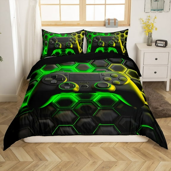 Erosebridal Teens Gaming Duvet Cover Twin, Green Honeycomb Comforter Cover Twin, Geometric Reversible Bedding Sets Twin Size, Ultra Soft Bedroom Decoration, 2 Pieces(No Comforter)