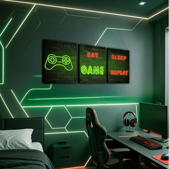 Erosebridal Teens Gaming Gamer Paintings Wall Decor Framed, Neon Gamepad Print Wall Hanging Decor Bedroom, Green Orange