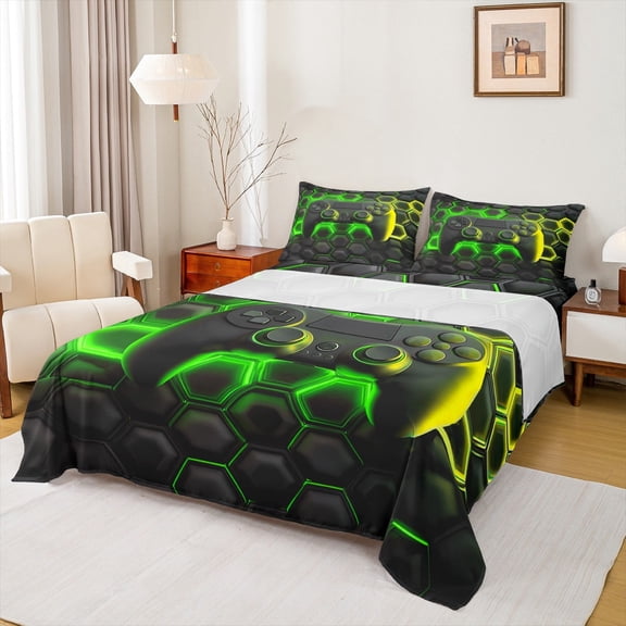 Erosebridal Teens Gaming Twin Sheet Sets, Green Honeycomb Bed Sheets Twin, Geometric Bedding Twin Size, Ultra Soft Bedroom Decoration, 3 Pieces