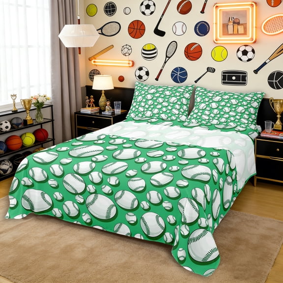 Erosebridal Teens Green Baseball Print Bed Sheets 4pcs,Kids Girls Sport Theme King Sheets,Lightweight Room Decor