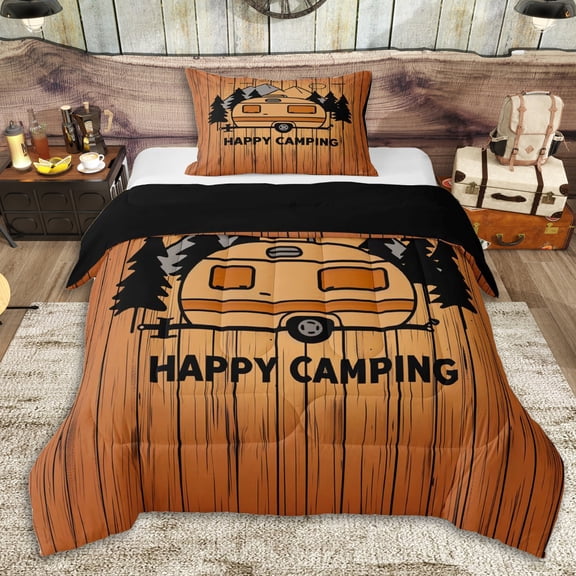 Erosebridal Teens Happy Camping Car Twin Comforter Sets 3-Piece,Vintage Rustic Cottage Bedding Set for Boys Girls,Black Reversible,Ultra Soft Home Decor