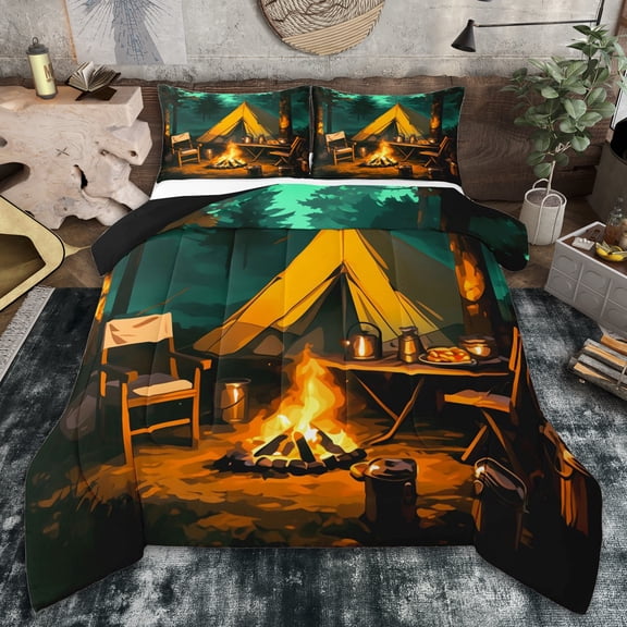 Erosebridal Teens Happy Camping Queen Comforter Set 3pcs,Jungle Adventure Theme Bedding Comforter Set for Boys Girls,Black Reversible,Breathable Home Decor