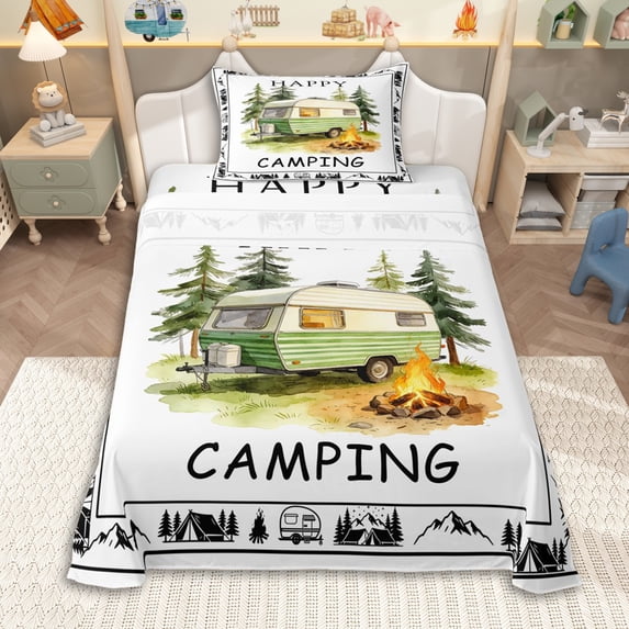 Erosebridal Teens Happy Camping Stripes Car Twin Sheet Sets 3pcs,Jungle Adventure Theme Bedding for Boys Girls,Luxury Bedroom Decor