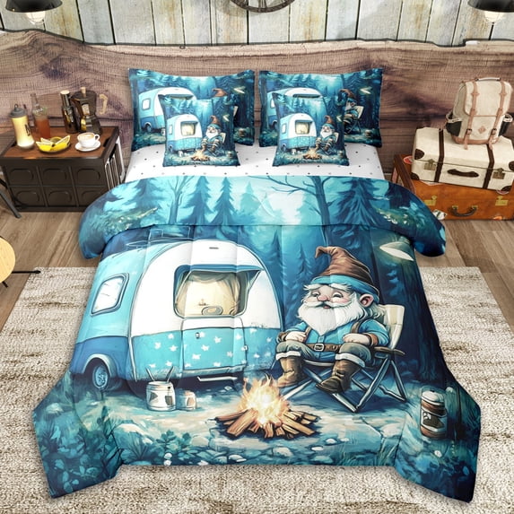 Erosebridal Teens Happy Camping Twin Bedding Sets 7-Piece,Cartoon Gnome RV Car Bedding Comforter Set for Boys Girls,Breathable Home Decor