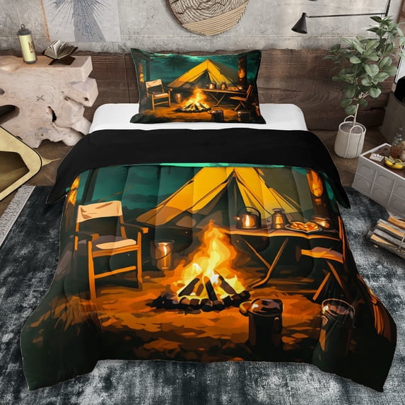 Erosebridal Teens Happy Camping Twin Comforter Sets 3-Piece,Jungle Adventure Theme Bedding Set for Boys Girls,Black Reversible,Breathable Home Decor