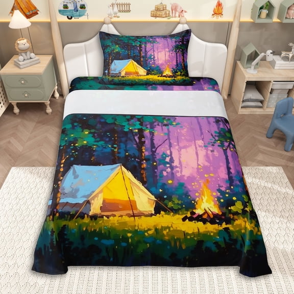 Erosebridal Teens Happy Camping Twin Sheet Sets 3pcs,Jungle Tent Adventure Theme Bedding for Boys Girls,Super Cozy Room Decor