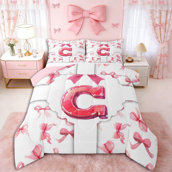 Erosebridal Teens Kawaii Bow Letter C Monogrammed Queen Comforter Set 3pcs,Kids Girls Dreamy Princess Bowknot Alphabet Bedding Comforter Set,Pink Reversible,Super Cozy Room Decor