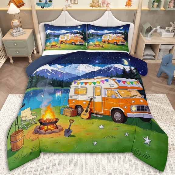 Erosebridal Teens Kawaii RV Car Full Size Comforter Sets 3 Pieces,Boys Girls Music Theme Guitar Bedding Sets,Navy Blue Reversible,Microfiber Bedroom Decor