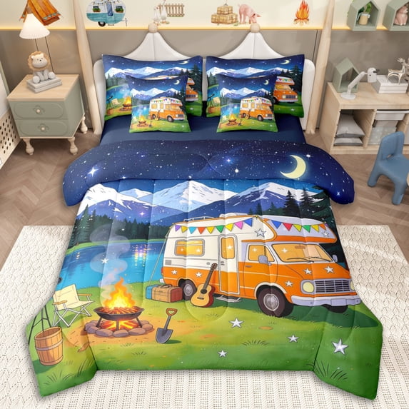 Erosebridal Teens Kawaii RV Car Twin Bedding Sets 7-Piece,Boys Girls Music Theme Guitar Bedding Comforter Set,Navy Blue Reversible,Microfiber Bedroom Decor