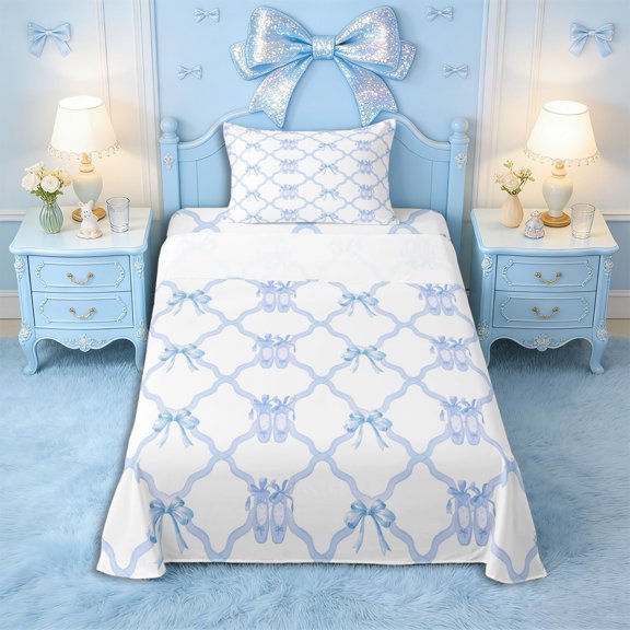 Erosebridal Teens Kawaii Ribbon Bow Twin Sheet Sets 3pcs,Ballet Dance Bedding for Kids Girls,Ultra Soft Home Decor