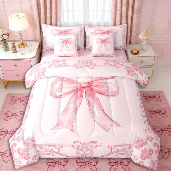Erosebridal Teens Kawaii Watercolor Bow Twin Bedding Sets 7-Piece,Bohemian Damask Bedding Comforter Set for Girls,Pink Reversible,Breathable Home Decor