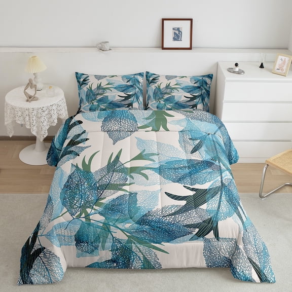Erosebridal Teens Leaves Bedding Twin Comforter Set4, Cyan Plant Down Comforter, Old Fashion Comforters & Duvets, Microfiber Bedroom Decor, 2pcs