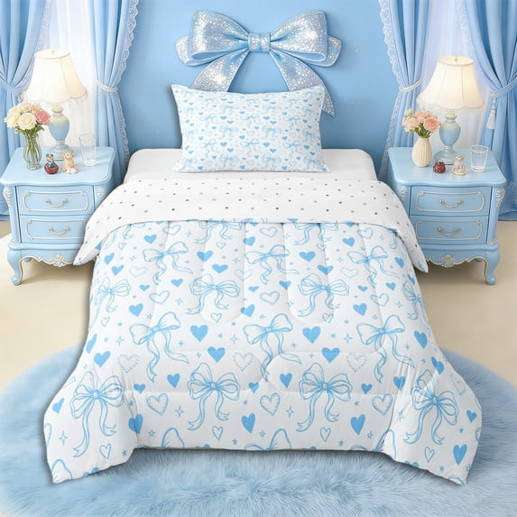 Erosebridal Teens Love Heart Bow Knot Twin Comforter Sets 3-Piece,Girls Dreamy Stars Print Bedding Set,Luxury Bedroom Decor